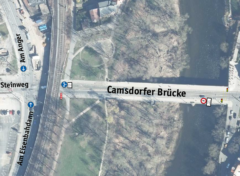 Einschränkungen an Camsdorfer Brücke: Gehwegsperrung und Ampeln